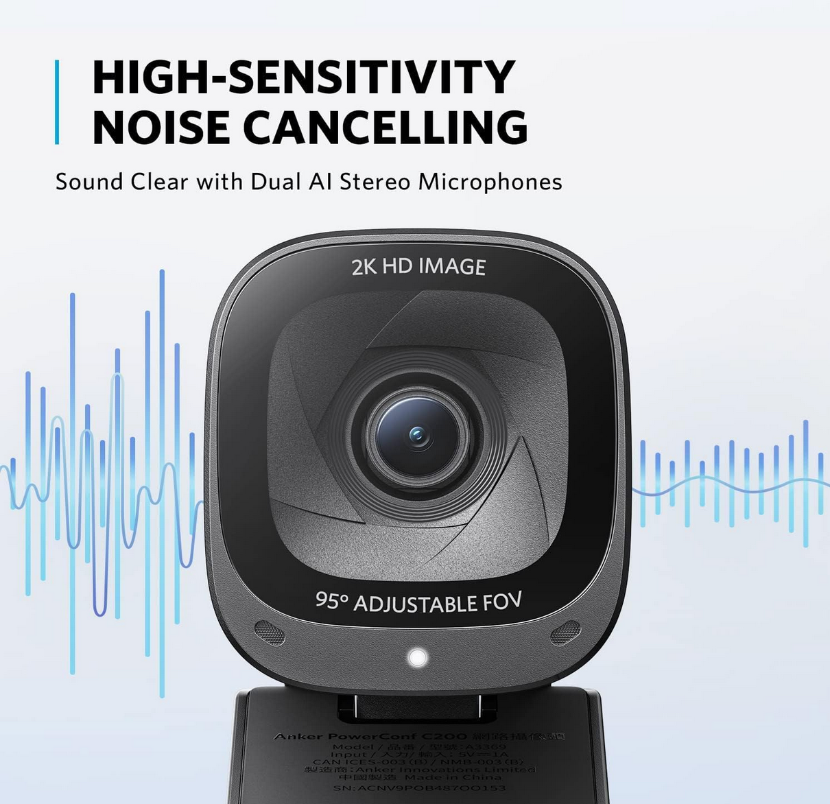 Close-up of Anker PowerConf C200 Webcam lens and sleek design